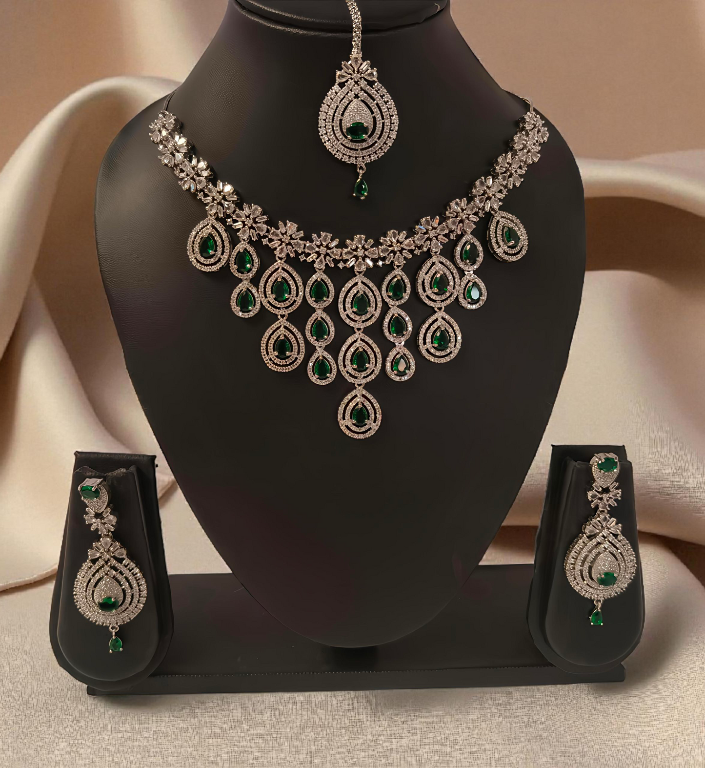 PREENAZ Rhodium-Plated Emerald Green & White Cubic Zirconia Jewellery Set