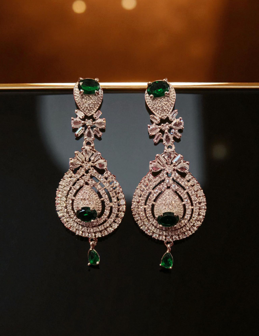 PREENAZ Rhodium-Plated Emerald Green & White Cubic Zirconia Jewellery Set