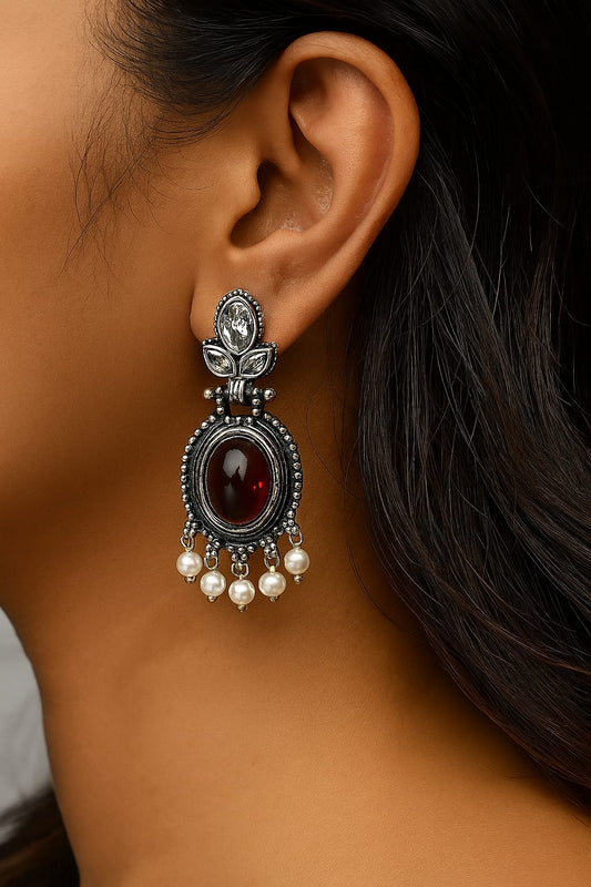 Preenaz Antique Silver-Plated Red Stone Earrings with Pearls