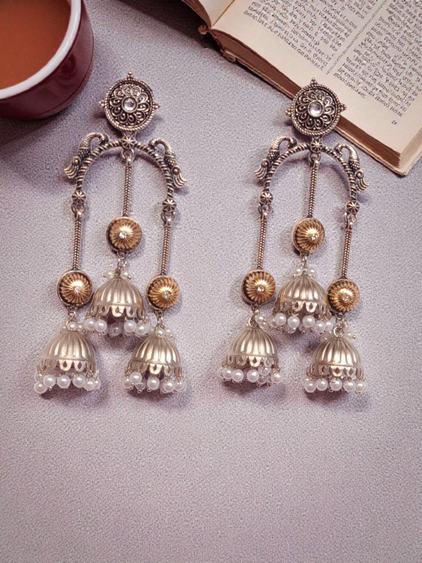 Preenaz Antique Silver Dual Tone Jhumka