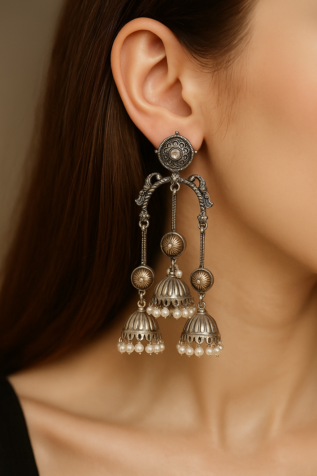 Preenaz Antique Silver Dual Tone Jhumka