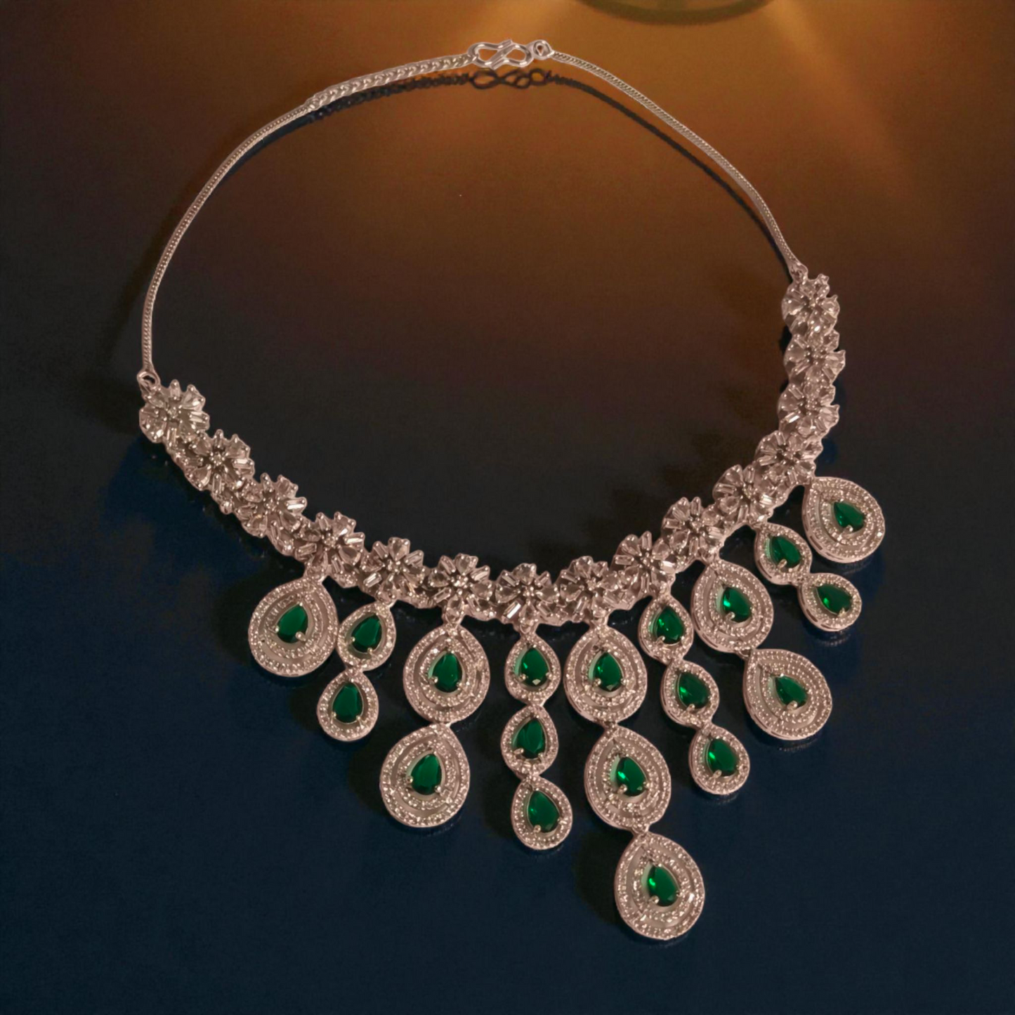 PREENAZ Rhodium-Plated Emerald Green & White Cubic Zirconia Jewellery Set