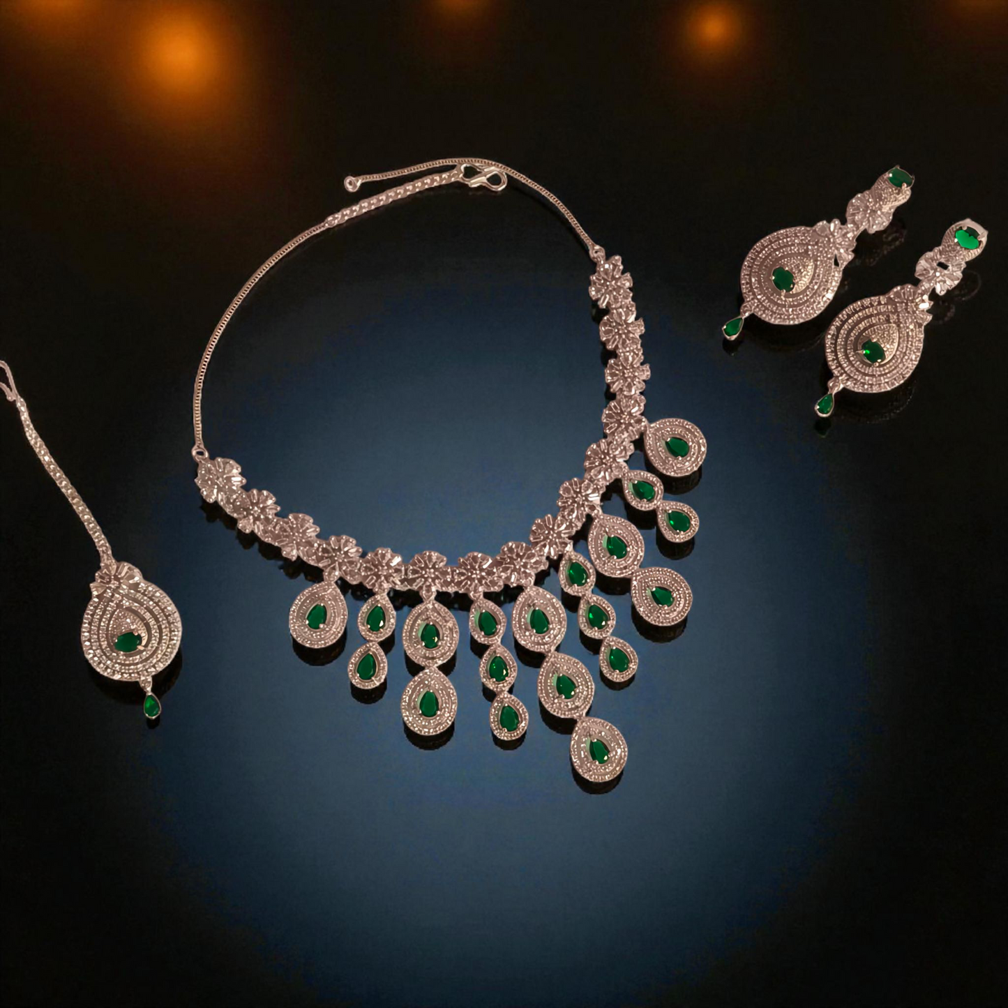 PREENAZ Rhodium-Plated Emerald Green & White Cubic Zirconia Jewellery Set