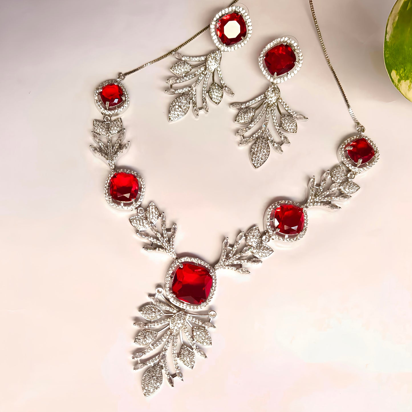 PREENAZ Rhodium-Plated Ruby Red Stone & Cubic Zirconia Statement Necklace Set