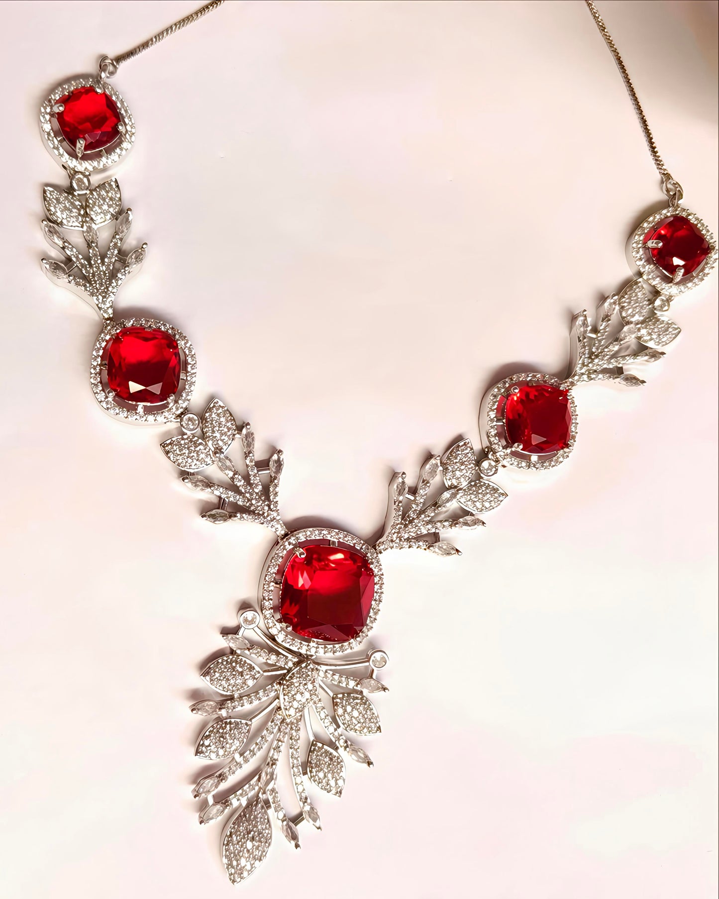 PREENAZ Rhodium-Plated Ruby Red Stone & Cubic Zirconia Statement Necklace Set