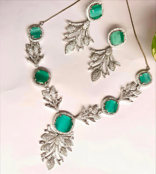 PREENAZ Rhodium-Plated Mint Green Stone & Cubic Zirconia Statement Necklace Set