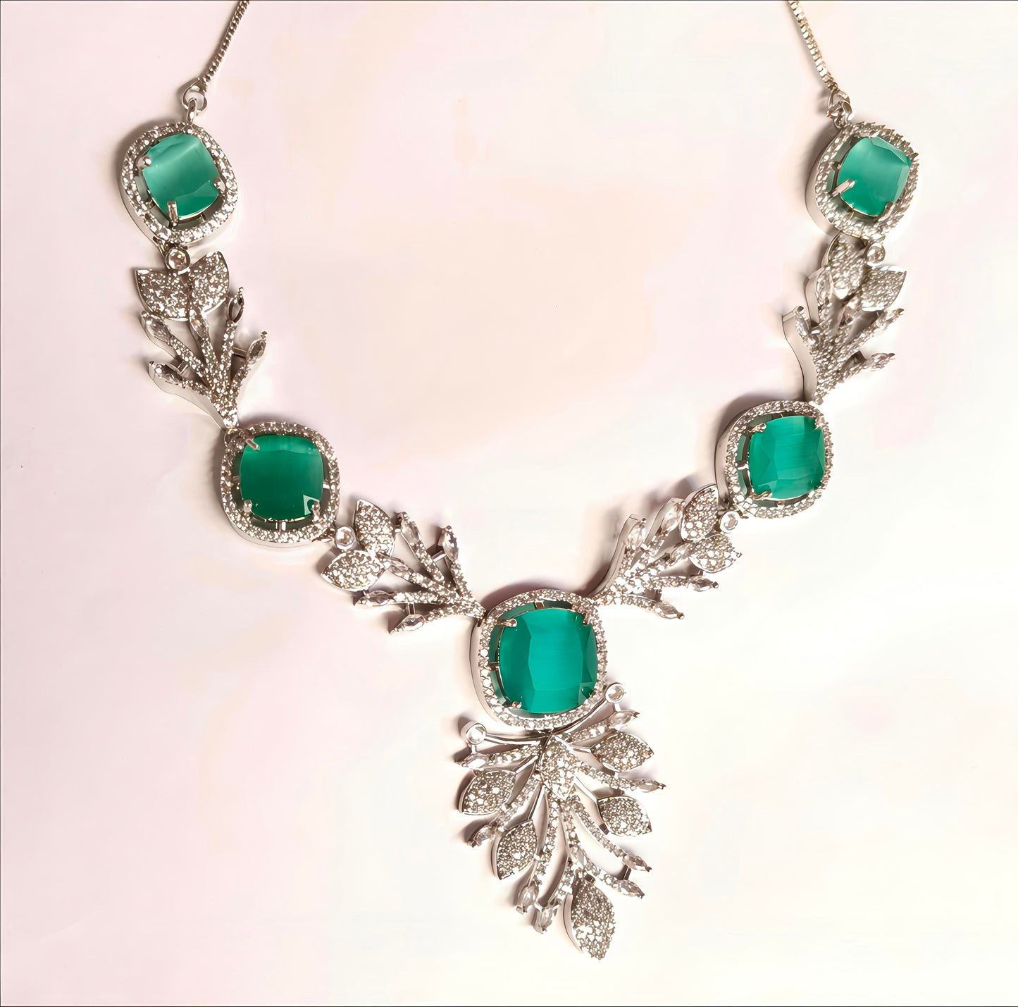 PREENAZ Rhodium-Plated Mint Green Stone & Cubic Zirconia Statement Necklace Set