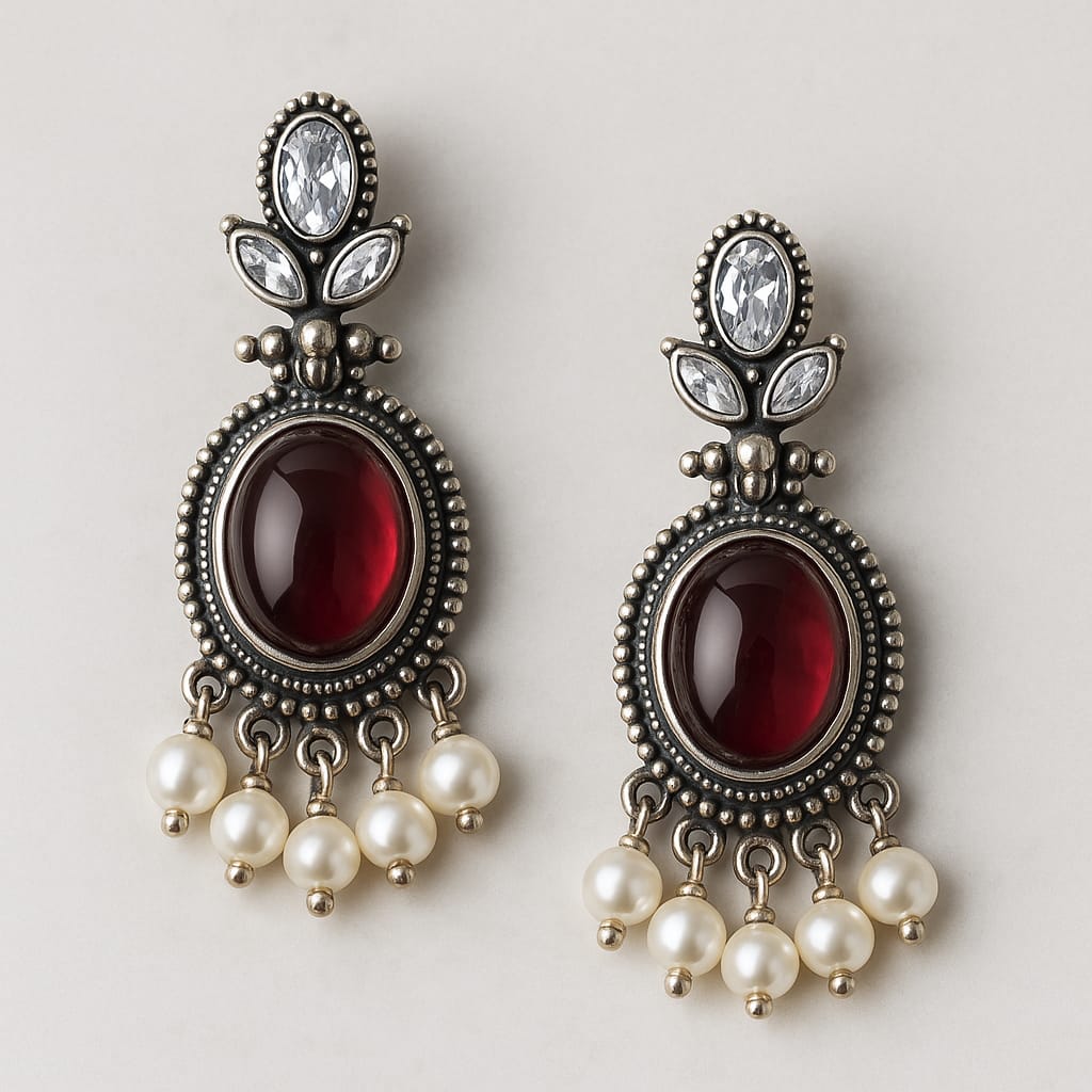 Antique Silver-Plated Red Stone Earrings with Pearls
