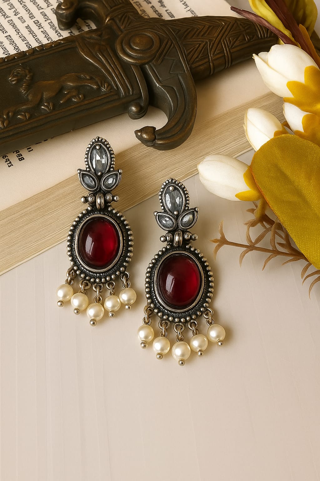 Antique Silver-Plated Red Stone Earrings with Pearls