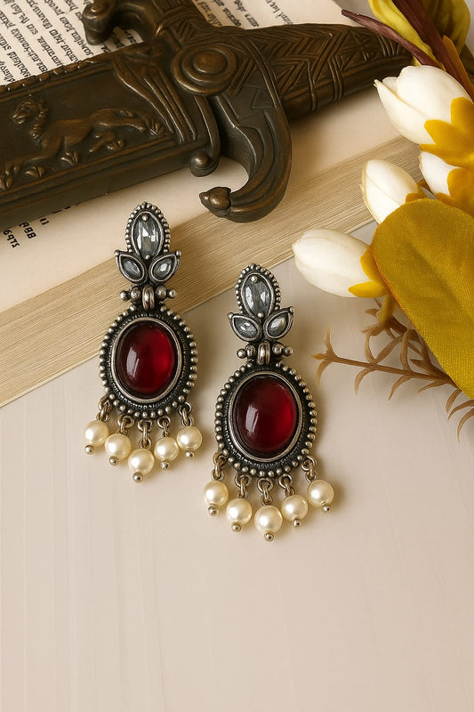 Antique Silver-Plated Red Stone Earrings with Pearls
